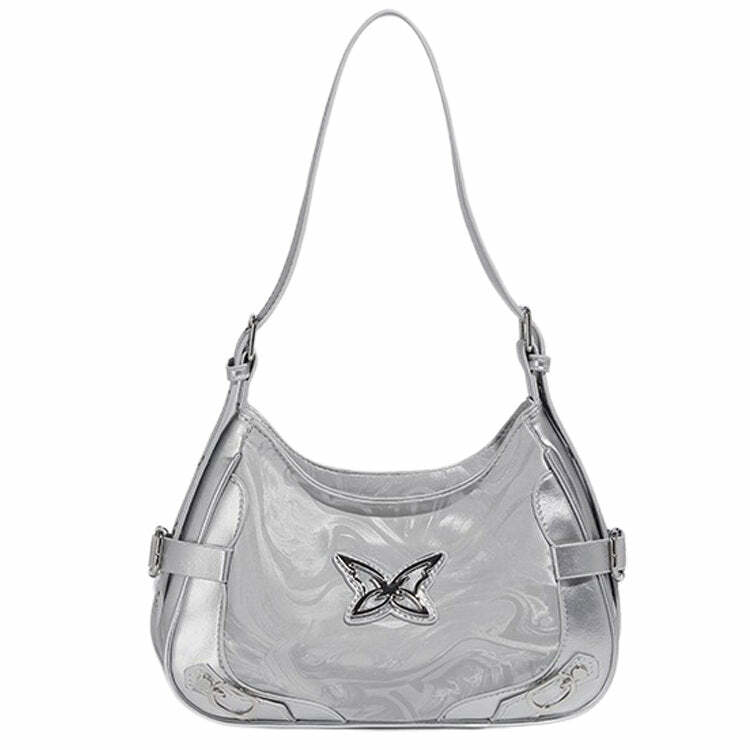 Silver Butterfly Shoulder Bag - Y2K Vintage Aesthetic for Winter Outfits