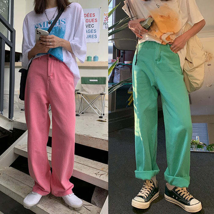 Skater Girl Aesthetic Wide Neon Jeans - Y2K Vintage Street Style Outfit