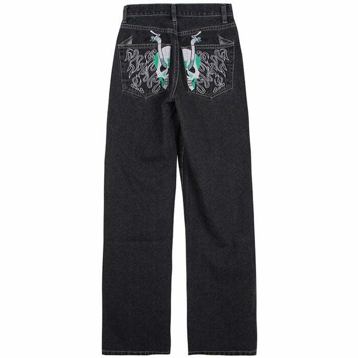 Skeleton Embroidery Jeans - Y2K Vintage Outfits for Winter Street Style