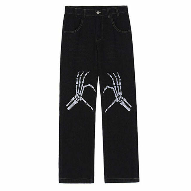 Skeleton Hands Embroidery Jeans - Y2K Vintage Winter Street Style Outfit