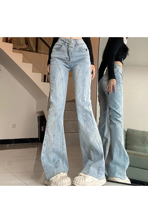 Skywave Stitch Flare Jeans - Y2K Vintage Winter Outfits for Women