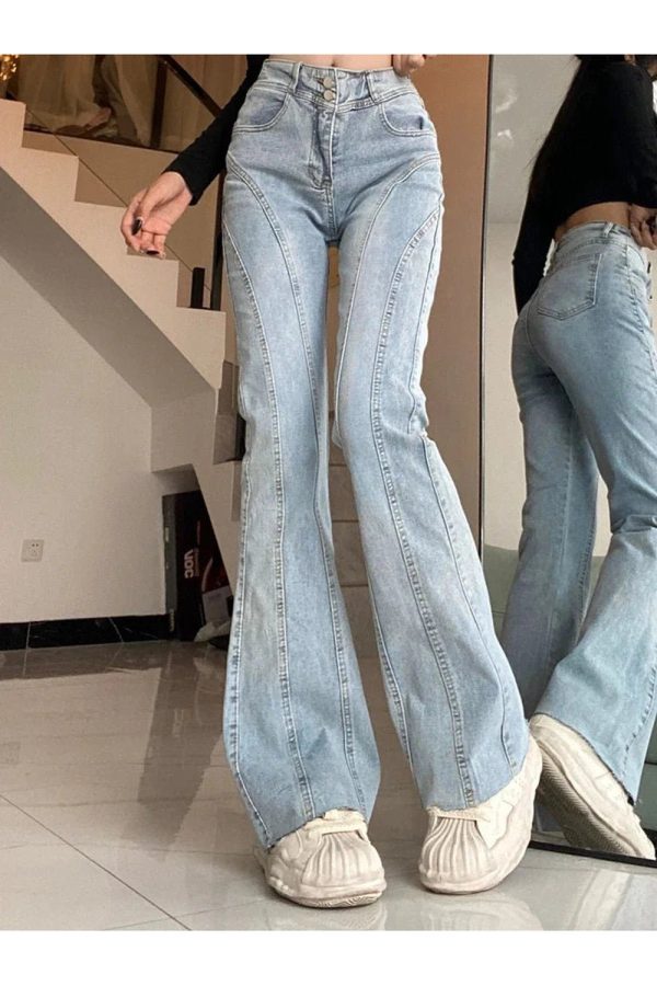 Skywave Stitch Flare Jeans - Y2K Vintage Winter Outfits for Women