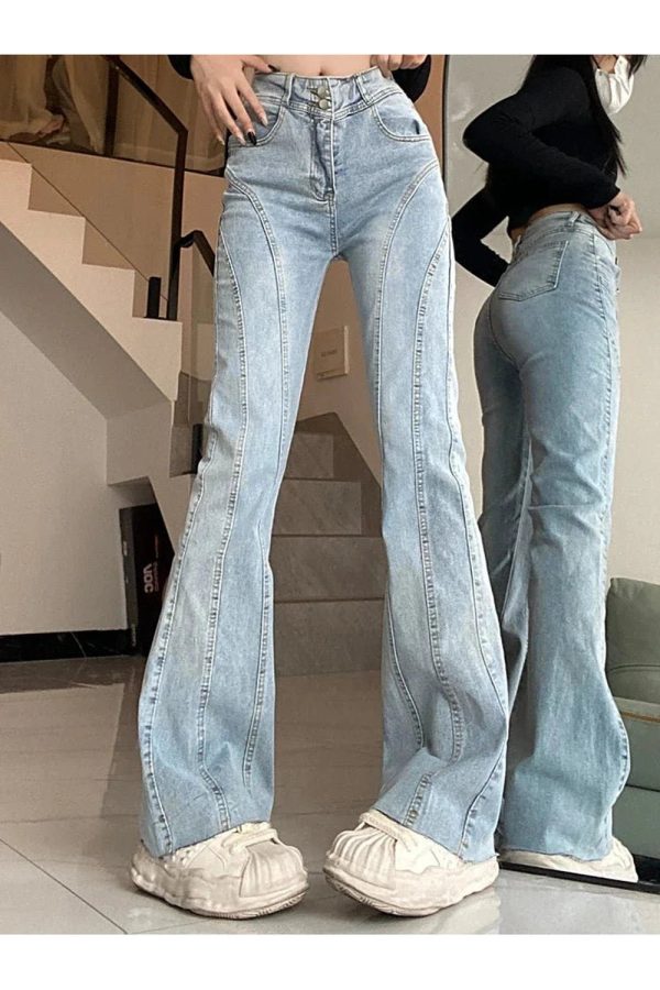 Skywave Stitch Flare Jeans - Y2K Vintage Winter Outfits for Women