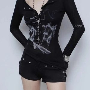 Smoke Print Goth Top - Y2K Vintage Outfits for Winter Street Style