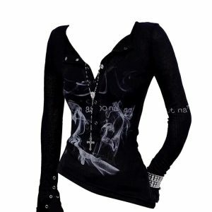 Smoke Print Goth Top - Y2K Vintage Outfits for Winter Street Style