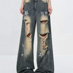 Star Girl Distressed Jeans - Y2K Vintage Outfits for Winter Street Style