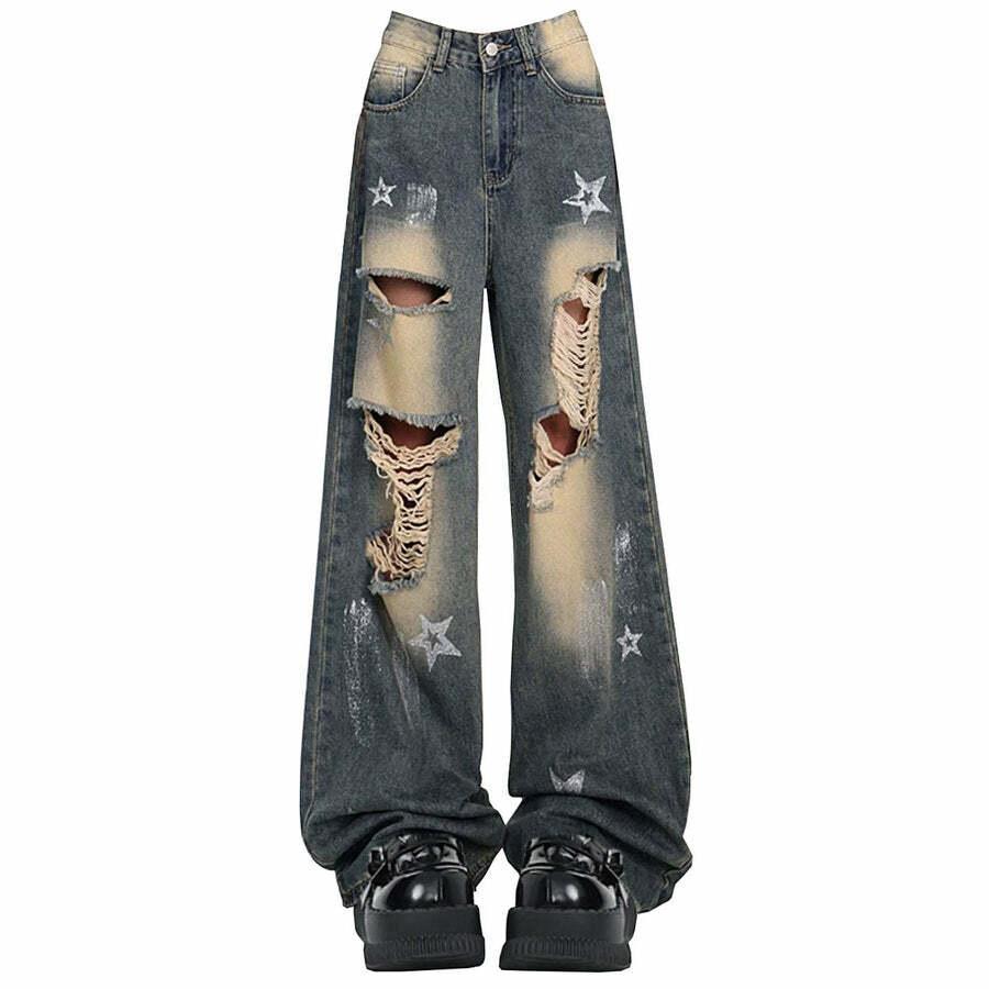 Star Girl Distressed Jeans - Y2K Vintage Outfits for Winter Street Style