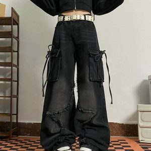 Star Patch Cargo Jeans - Y2K Vintage Outfits for Winter Street Style