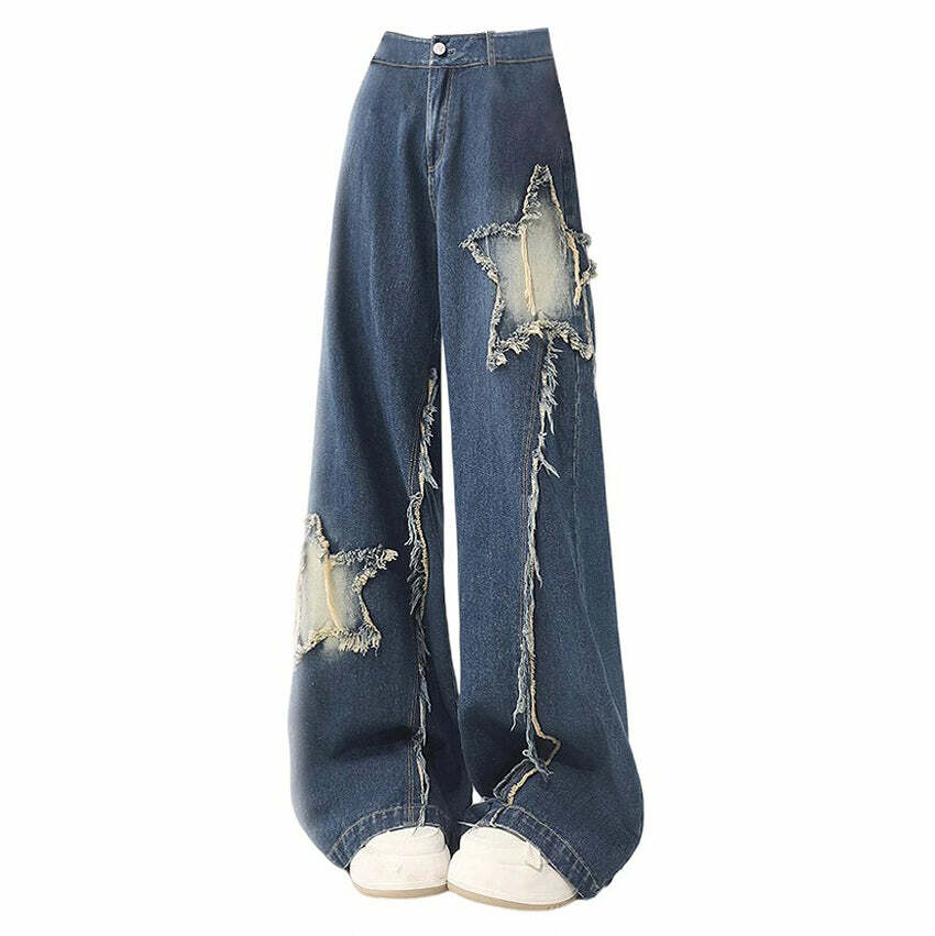 Star Patch Wide Leg Jeans - Y2K Vintage Outfits for Winter Street Style