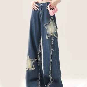 Star Patch Wide Leg Jeans - Y2K Vintage Outfits for Winter Street Style