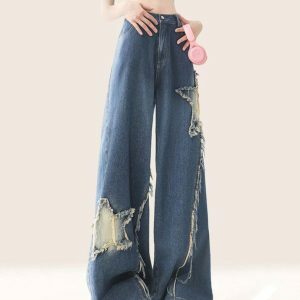 Star Patch Wide Leg Jeans - Y2K Vintage Outfits for Winter Street Style