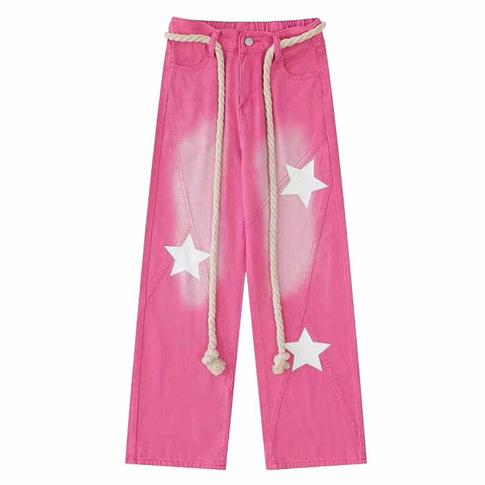 Star Print Y2K Pink Jeans - Vintage 2000s Aesthetic Outfit for Women