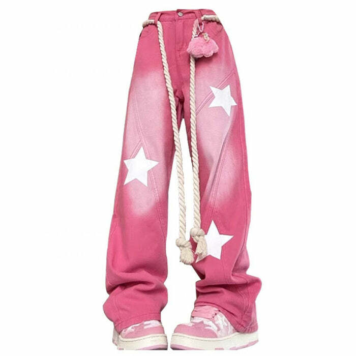 Star Print Y2K Pink Jeans - Vintage 2000s Aesthetic Outfit for Women