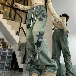 Stargirl Aesthetic Star Patch Jeans - Y2K Vintage Winter Outfits