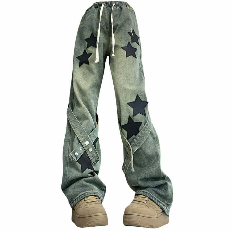 Stargirl Aesthetic Star Patch Jeans - Y2K Vintage Winter Outfits