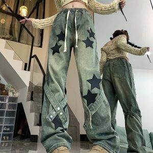 Stargirl Aesthetic Star Patch Jeans - Y2K Vintage Winter Outfits