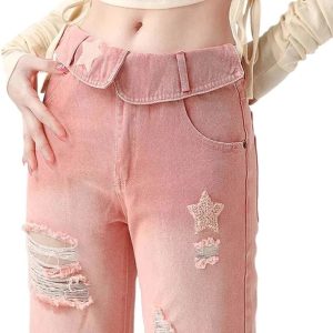 Starry Pink Distressed Jeans - Y2K Vintage Outfits for Winter Style