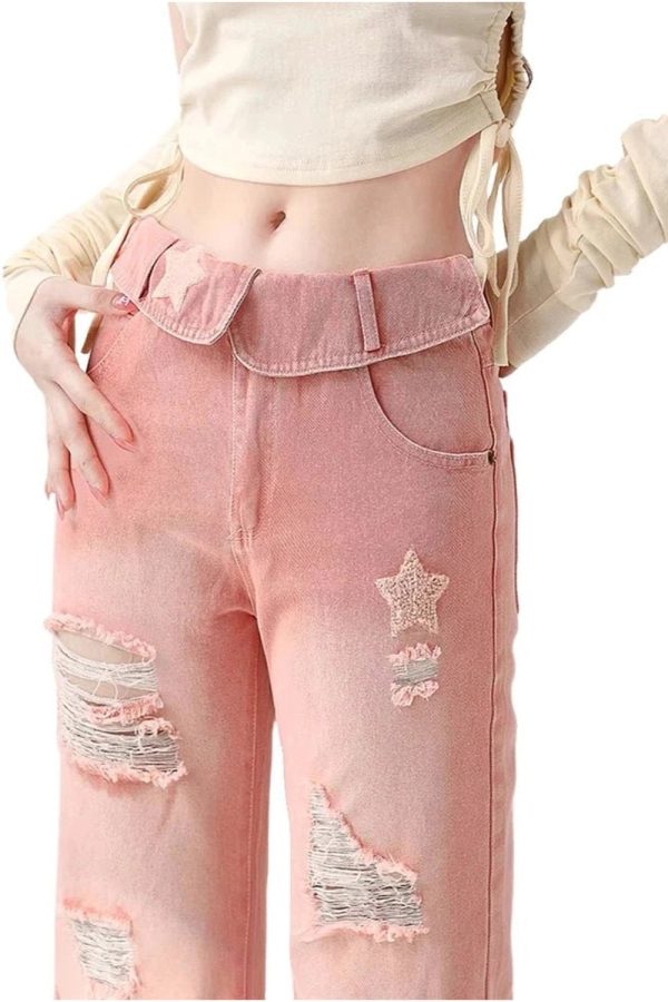 Starry Pink Distressed Jeans - Y2K Vintage Outfits for Winter Style