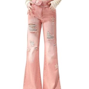 Starry Pink Distressed Jeans - Y2K Vintage Outfits for Winter Style