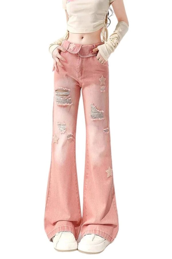 Starry Pink Distressed Jeans - Y2K Vintage Outfits for Winter Style