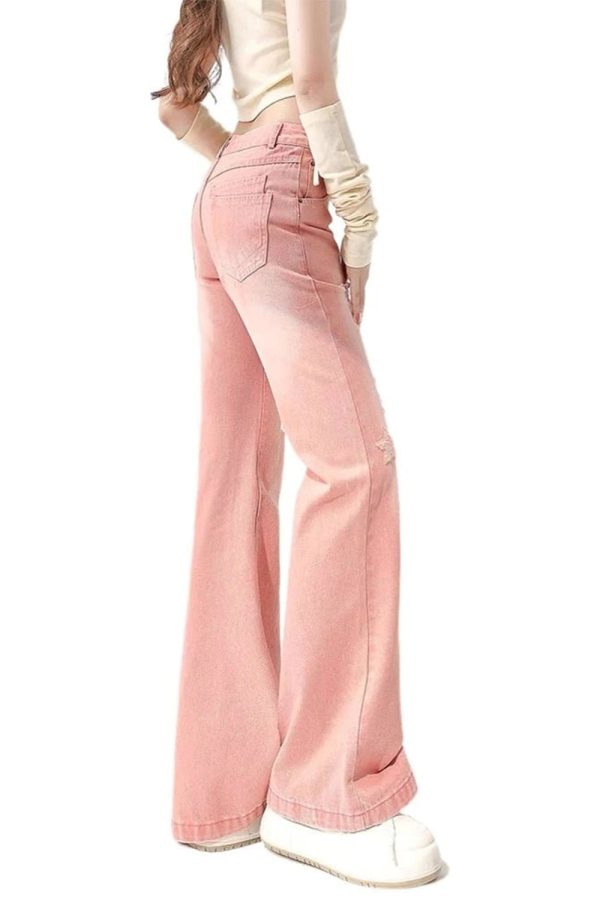 Starry Pink Distressed Jeans - Y2K Vintage Outfits for Winter Style