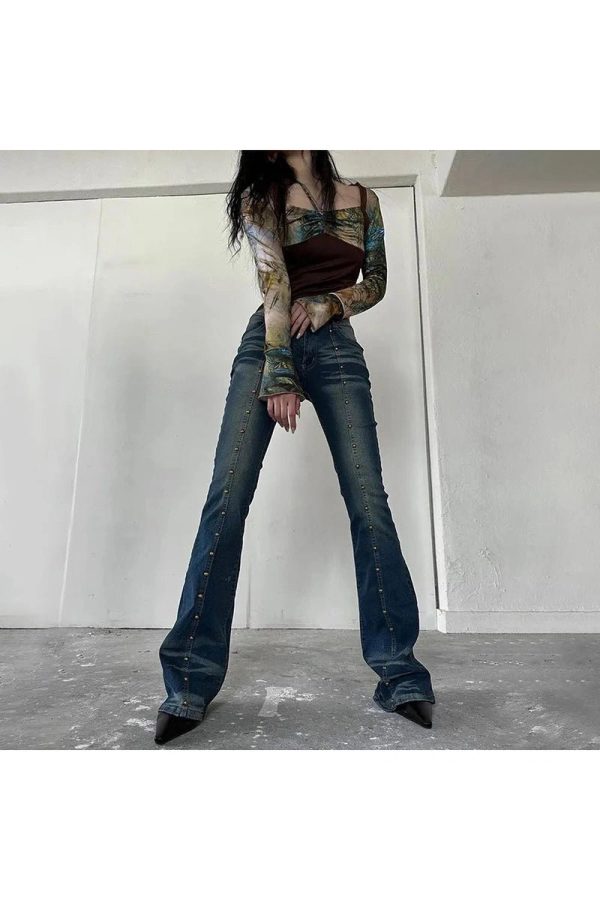 Stellar Studded Flare Jeans - Y2K Vintage Outfits for Winter Style