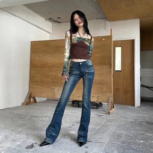 Stellar Studded Flare Jeans - Y2K Vintage Outfits for Winter Style