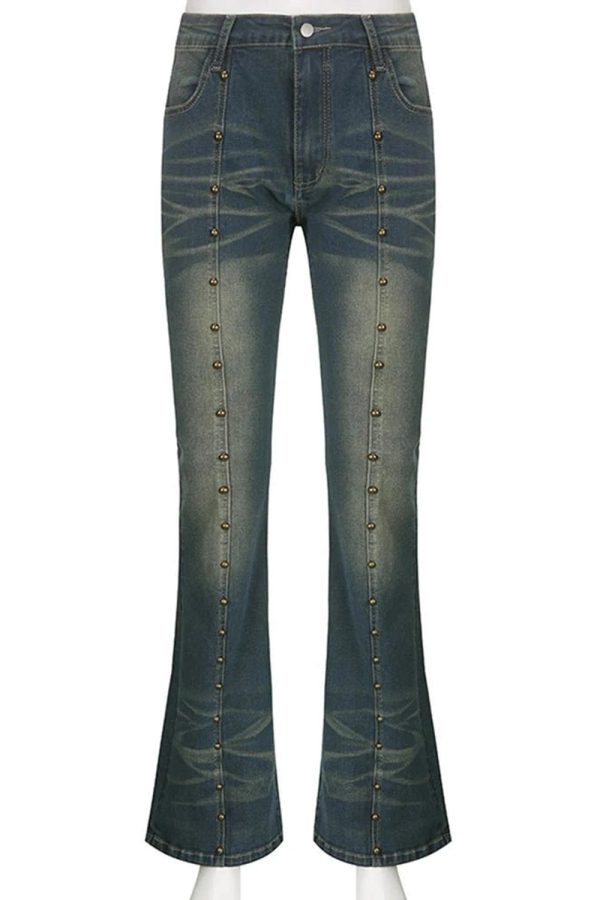 Studded Midnight Flare Jeans - Y2K Vintage Winter Street Style Outfit