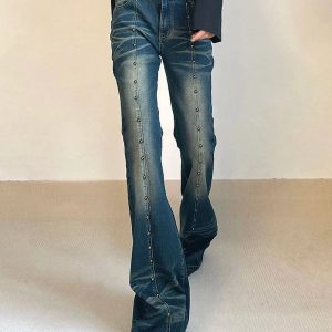 Studded Midnight Flare Jeans - Y2K Vintage Winter Street Style Outfit