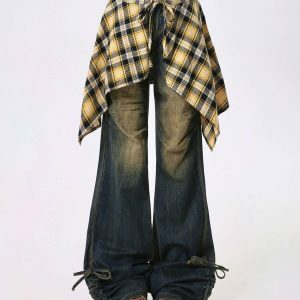 Teenage Drama Y2K Vintage Shirt-Tied Baggy Jeans for Trendy Women