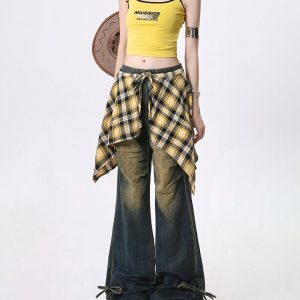 Teenage Drama Y2K Vintage Shirt-Tied Baggy Jeans for Trendy Women