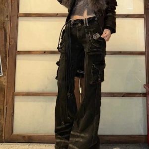 Utility Cargo Flare Jeans - Y2K Vintage Outfits for Winter Street Style