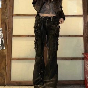 Utility Cargo Flare Jeans - Y2K Vintage Outfits for Winter Street Style