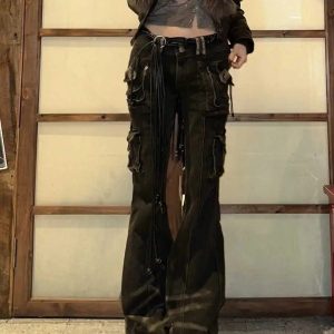 Utility Cargo Flare Jeans - Y2K Vintage Outfits for Winter Street Style