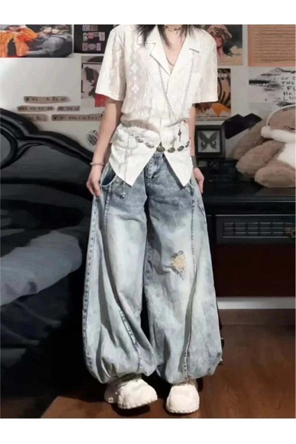 Vintage Balloon Wide-Leg Jeans for Y2K Outfits, Retro Style Fashion