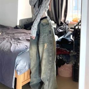 Vintage Fade Distressed Wide-Leg Jeans | Y2K Outfits Winter Aesthetic