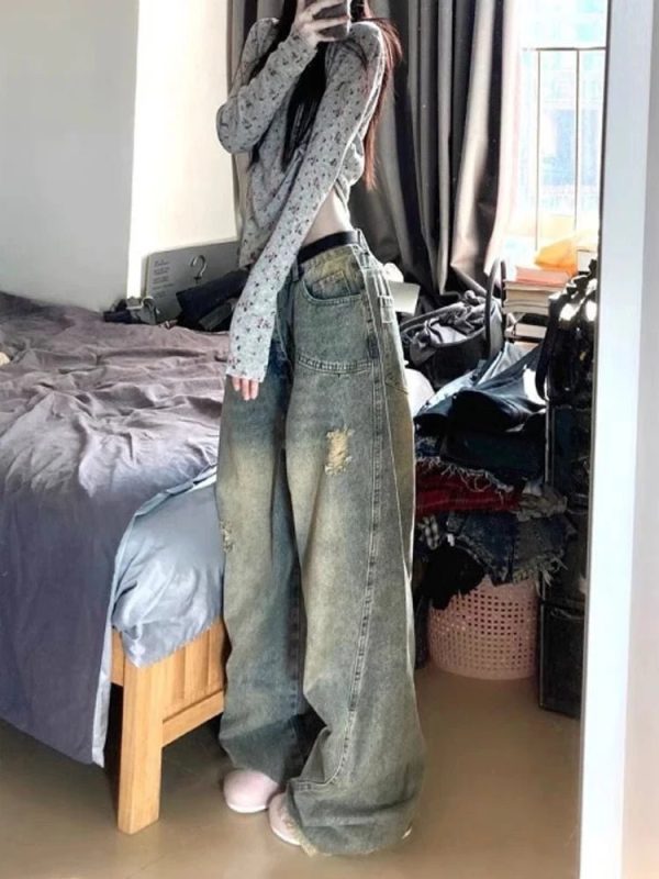 Vintage Fade Distressed Wide-Leg Jeans | Y2K Outfits Winter Aesthetic