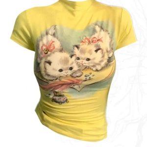 Vintage Kitten Graphic Top | Y2K Outfits Aesthetic for Women Fashion