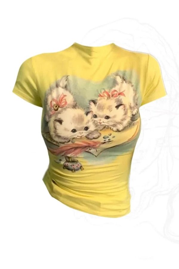 Vintage Kitten Graphic Top | Y2K Outfits Aesthetic for Women Fashion