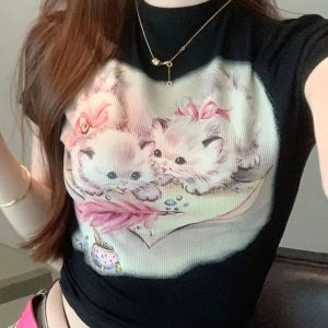 Vintage Kitten Graphic Top | Y2K Outfits Aesthetic for Women Fashion