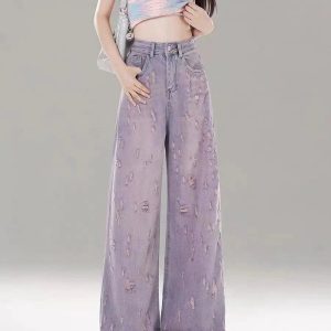 Vintage Lilac Distressed Wide-Leg Jeans | Y2K Outfits Aesthetic Style