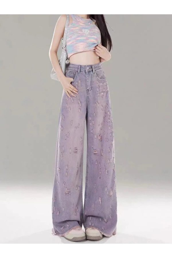 Vintage Lilac Distressed Wide-Leg Jeans | Y2K Outfits Aesthetic Style