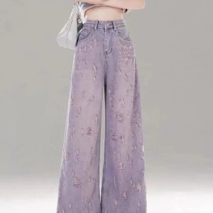 Vintage Lilac Distressed Wide-Leg Jeans | Y2K Outfits Aesthetic Style