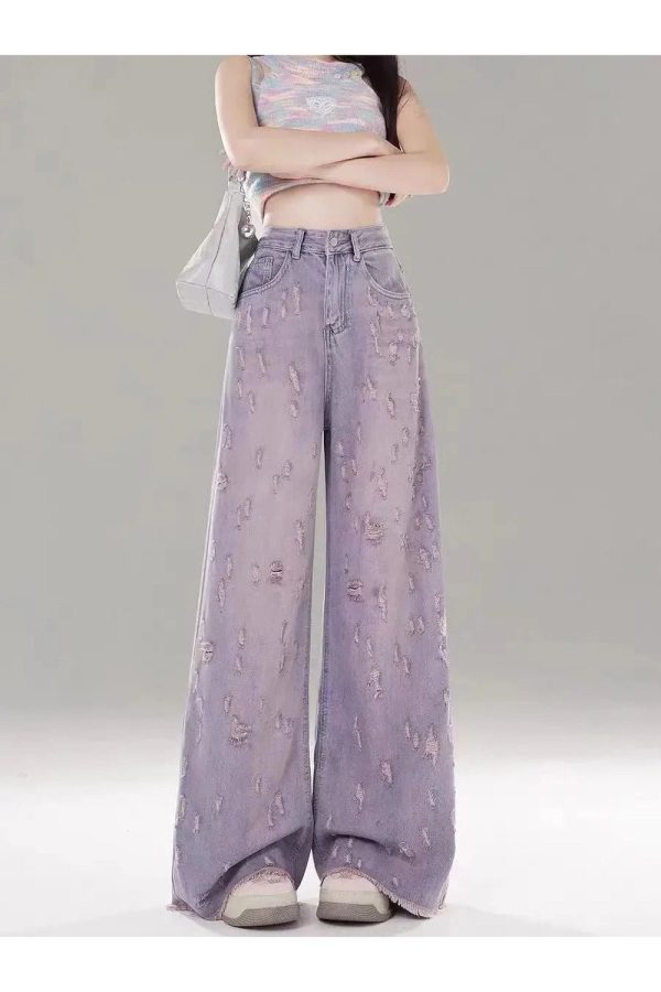 Vintage Lilac Distressed Wide-Leg Jeans | Y2K Outfits Aesthetic Style