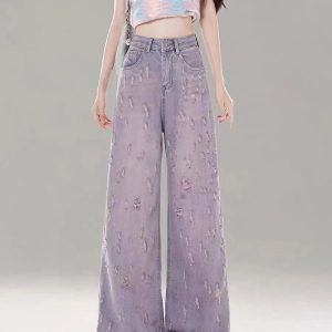 Vintage Lilac Distressed Wide-Leg Jeans | Y2K Outfits Aesthetic Style