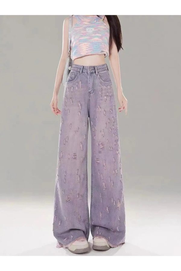 Vintage Lilac Distressed Wide-Leg Jeans | Y2K Outfits Aesthetic Style