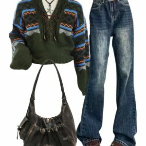 Vintage Wash Flare Jeans & Fair Isle Sweater - Y2K Retro Outfit for Women