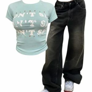 Vintage Washed Baggy Jeans & Studded Graphic Baby Top | Y2K Outfits 2000s