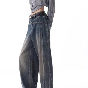 Vintage Washed Wide-Leg Jeans for Y2K Outfits and Retro Street Styles