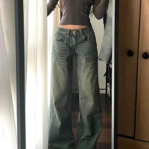 Vintage Washed Wide-Leg Jeans for Y2K Outfits and Retro Street Styles